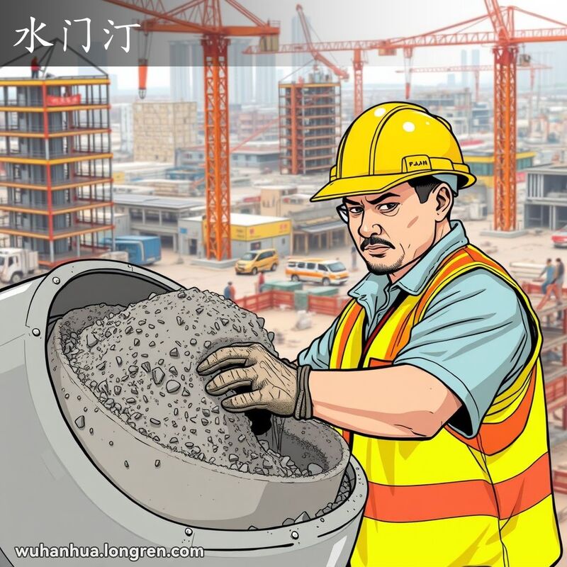 一位武汉建筑工人在混凝土搅拌机旁，专注地将水泥、砂子、石子和水混合在一起，背景是忙碌的施工现场