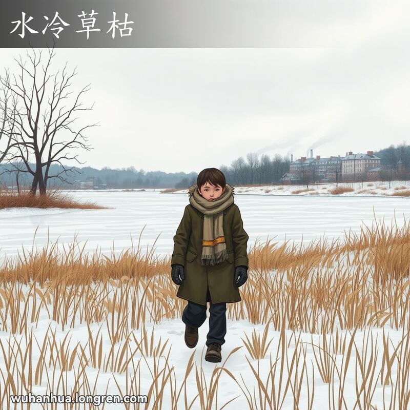 冬季寒冷景象，人物走在枯黄草地上，背景是结冰的湖泊和光秃秃的树木，天空阴沉，色调冷淡。