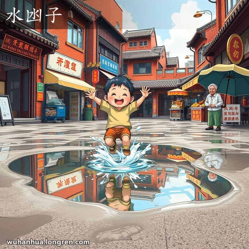 武汉老街上，一个孩子跳进水坑，水花四溅，旁边老人微笑看着，背景有红砖墙和小吃摊。