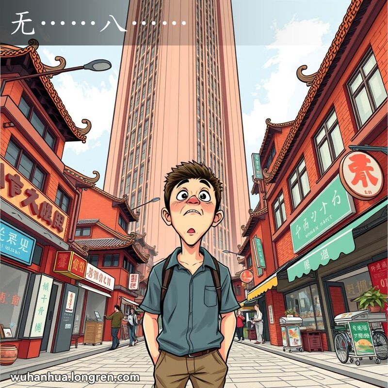 一位武汉男子站在高楼前，仰望着建筑物露出震惊的表情，背景是武汉老街景