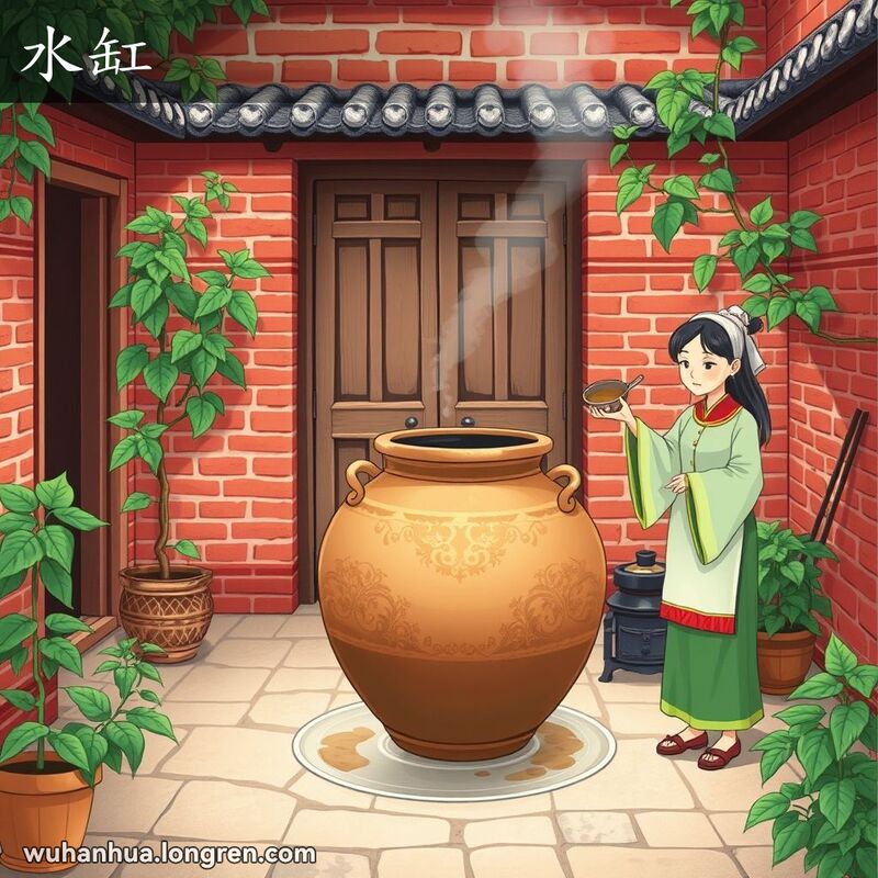 一个传统武汉庭院，妇女站在大型陶制水缸旁，手持水瓢准备舀水，背景有木门和小炉子。