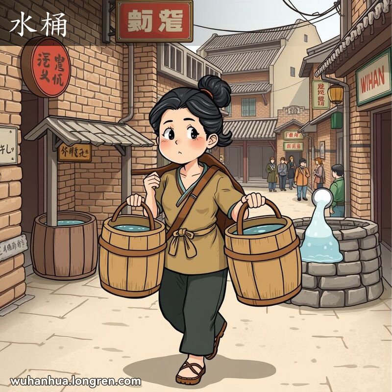 一位武汉妇女用扁担挑着两只装满水的木桶，走向一口古井，背景是武汉的老街景