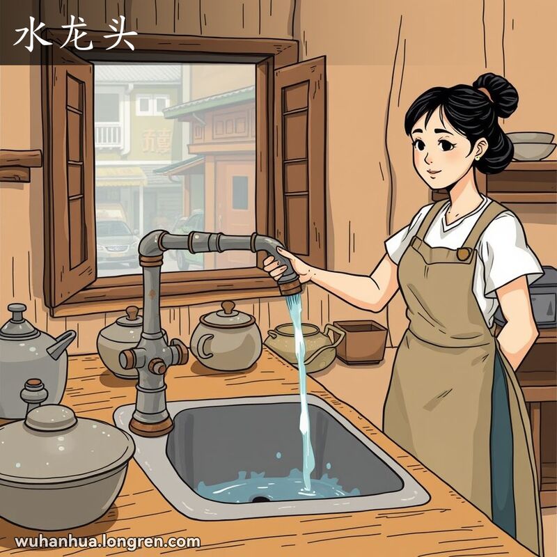 一位女性在传统武汉厨房中打开水龙头，水流入水槽，背景是武汉街景。