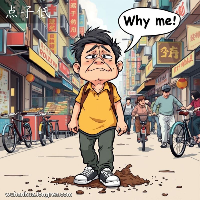 一位武汉男子在街头不小心踩到狗屎，露出无奈表情，背景是武汉街头景象