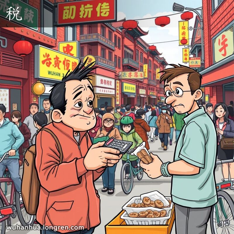 武汉市场小贩计算税款，顾客好奇观望，背景是热闹的老街景象