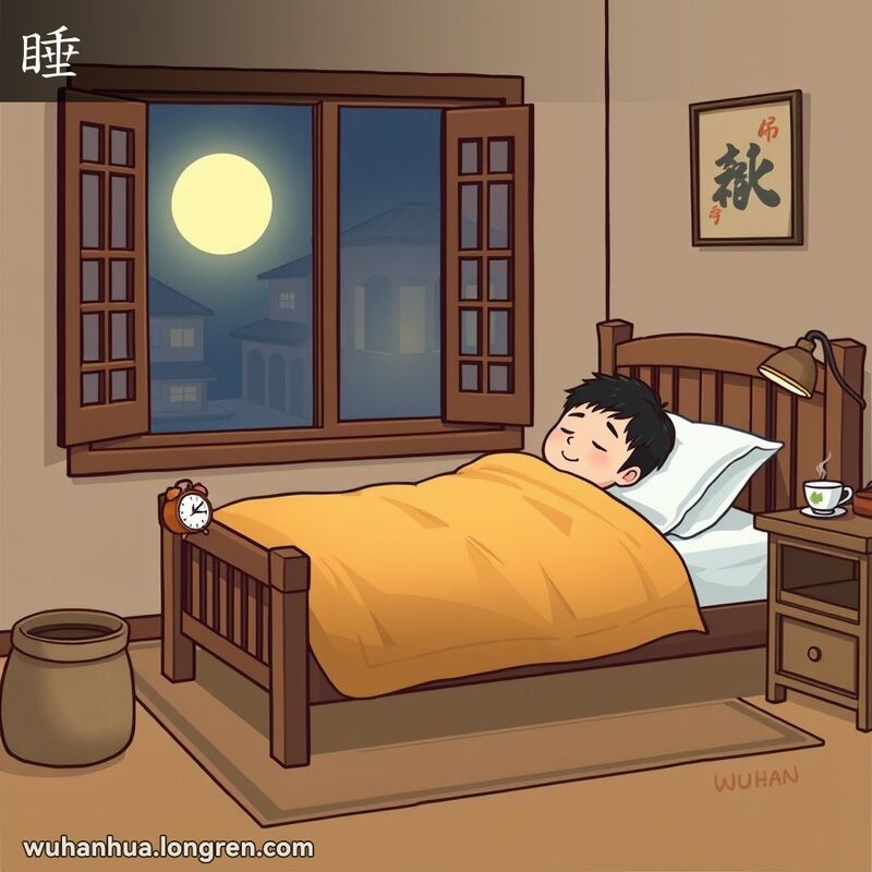 一个人在温馨的卧室中安详地睡觉，床头柜上放着老式闹钟和一杯茶，背景是夜晚的武汉街景