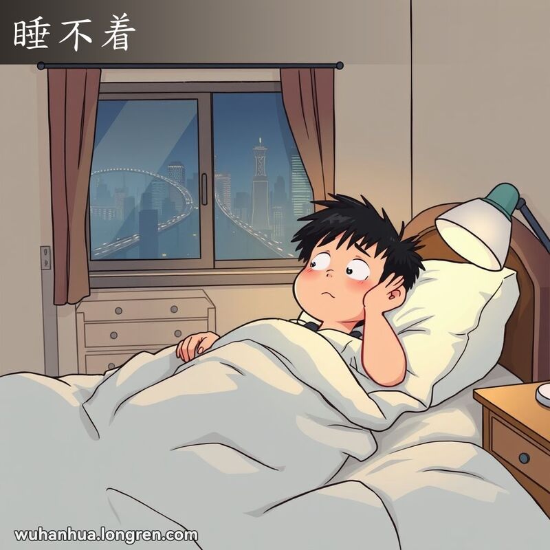 一个人躺在床上，翻来覆去，无法入睡，房间灯光昏暗，床上的被子凌乱，背景是武汉卧室和夜景