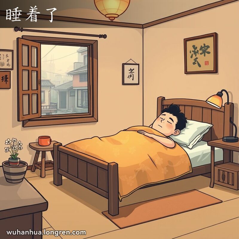 一个人躺在床上，双眼紧闭，表情安详，显然已经进入了深度睡眠状态，房间装饰简朴，充满宁静和温暖的氛围。