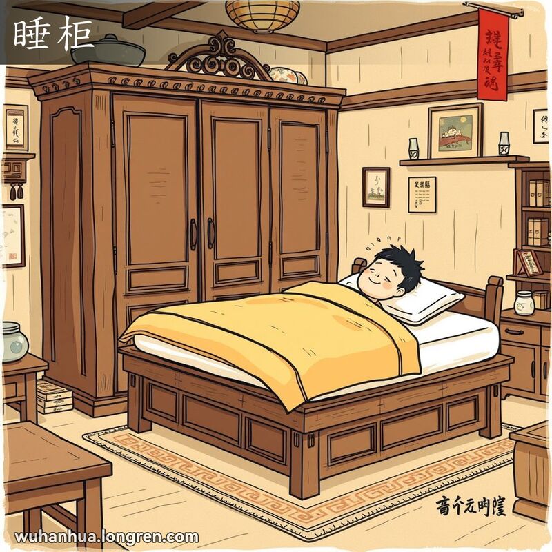 一个传统武汉家庭场景，展示了一个大而古老的木质柜子，顶部铺有床垫和被子，一个人准备在上面睡觉。