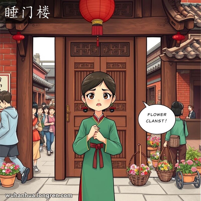 一位年轻女子穿着传统服饰站在雕花木门前，神情犹豫，背景是繁忙的街道和老武汉的建筑。