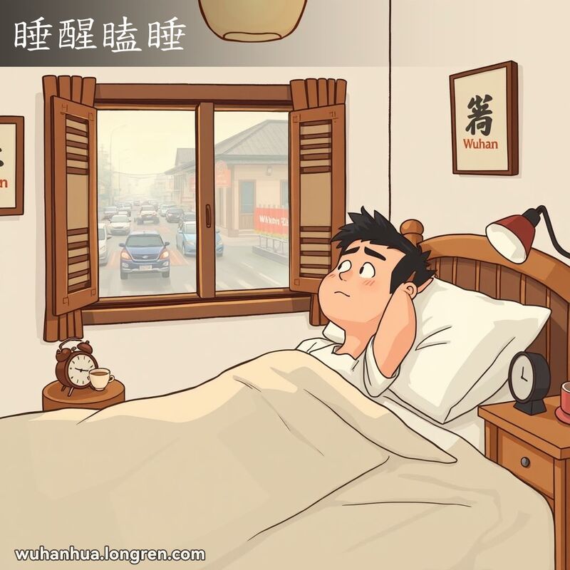 一位男子躺在床上，醒来后仍然感到困倦，不愿起床，背景是温馨的卧室和武汉街景