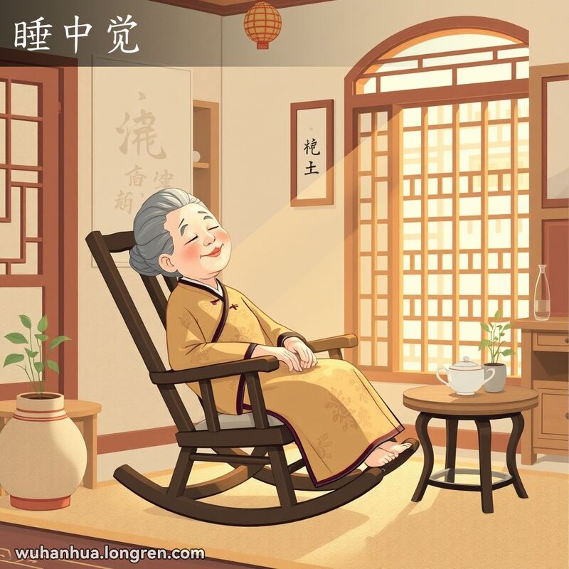 一位老奶奶在午饭后坐在摇椅上闭目养神，享受午后的宁静时光，背景是温馨的中式客厅。