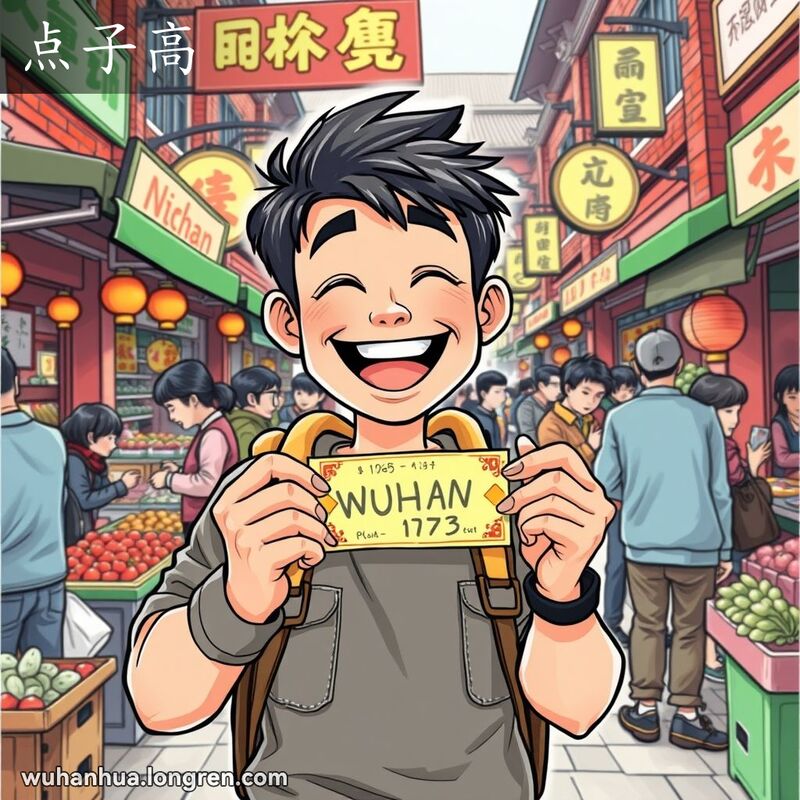 一位武汉年轻人在市场中手持中奖彩票，露出兴奋的笑容，背景是武汉传统市场