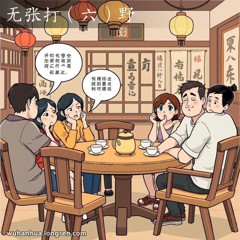 一群朋友在武汉茶馆里，一人讲话，其他人显得无聊和不感兴趣，背景有传统中国装饰