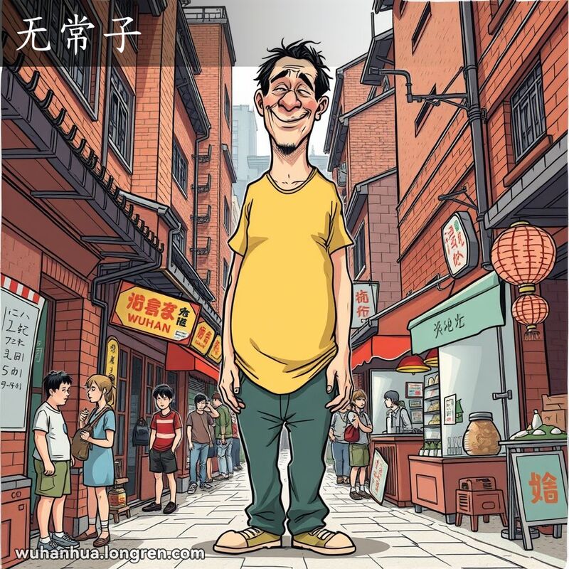 一位高大的男子站在武汉老街巷中，周围是老建筑和小摊贩，脸上带着调皮的笑容。