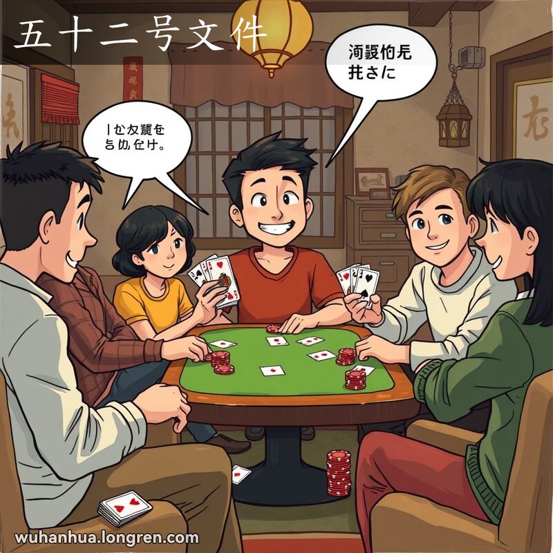 一群朋友围坐在桌旁玩扑克牌，其中一人手持一副牌，脸上带着调皮的笑容，背景是温馨的武汉居民房。