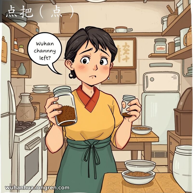 一位中年妇女在厨房里手持几乎空了的调料罐，脸上露出担忧的表情，背景是简陋的餐桌和几道普通的菜肴。