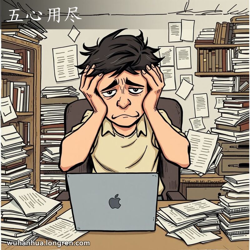 一个人坐在桌前，桌上堆满文件，显得非常疲惫和沮丧，背景是凌乱的房间。