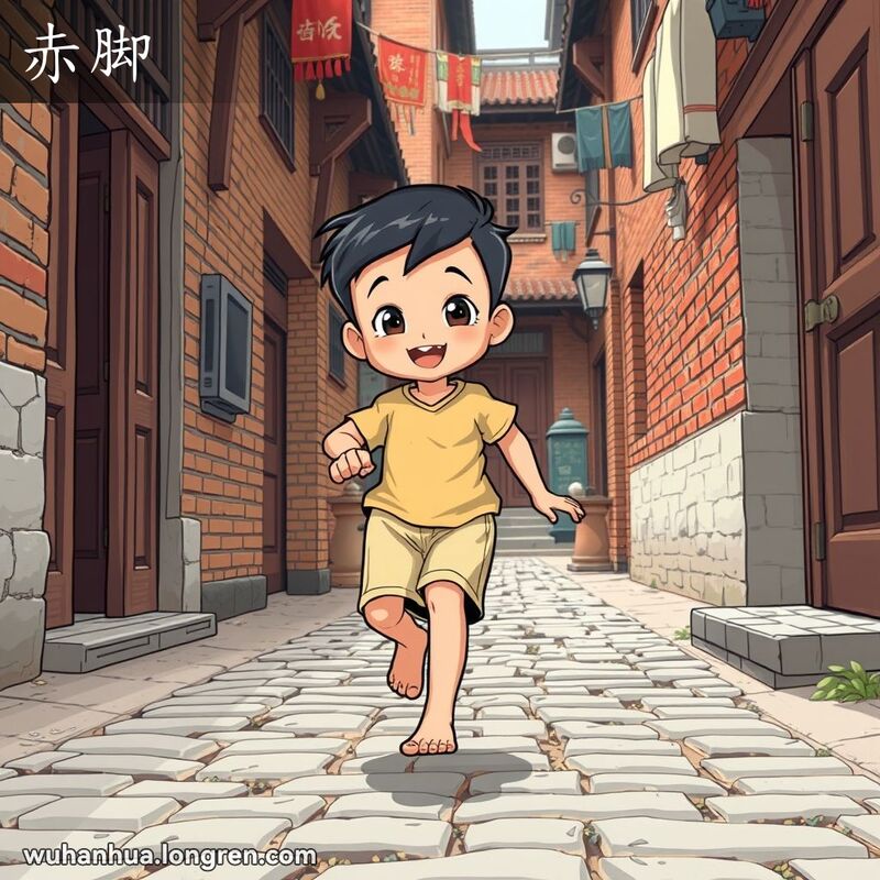 一位武汉小男孩在老街巷中光着脚玩耍，背景是武汉传统的老街景