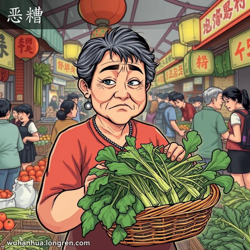 一位中年武汉妇女在市场中看着蔫巴的青菜，露出嫌弃的表情，背景是热闹的市场摊位