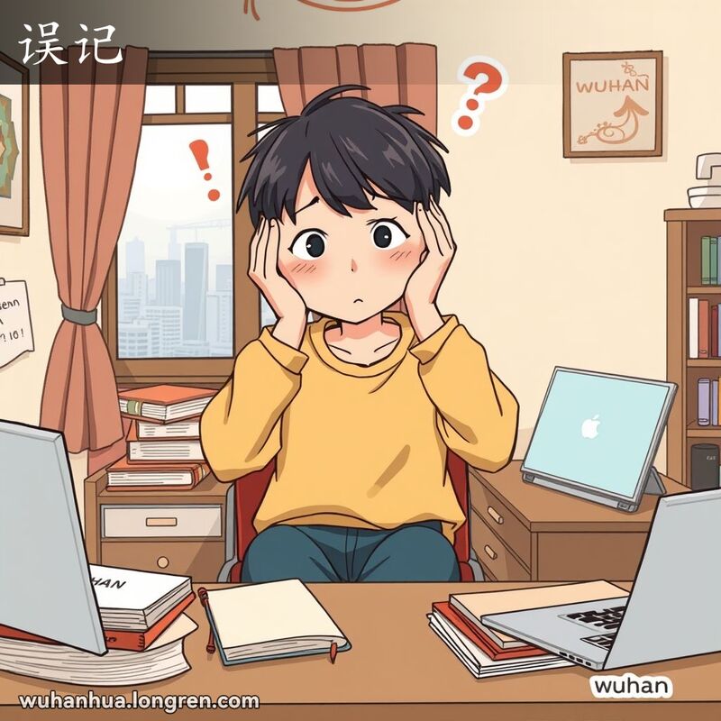 一位武汉年轻人坐在书桌前，用手扶着头，露出困惑和沮丧的表情，背景是武汉居民房间。