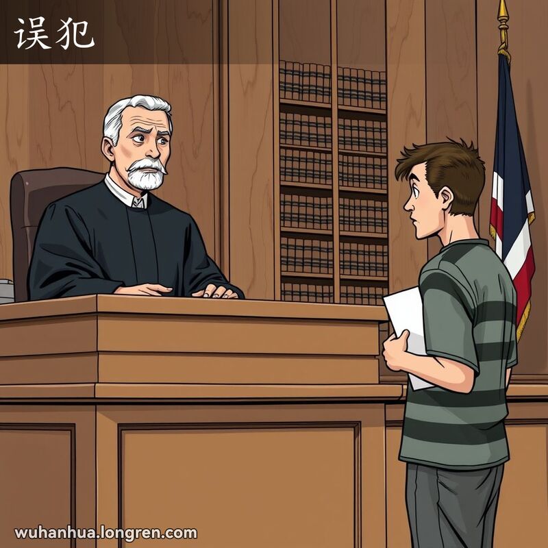 法庭场景，法官坐在审判席上，被告手持文件，神情紧张但真诚，法官深思，背景有木质墙板、书架和国旗。