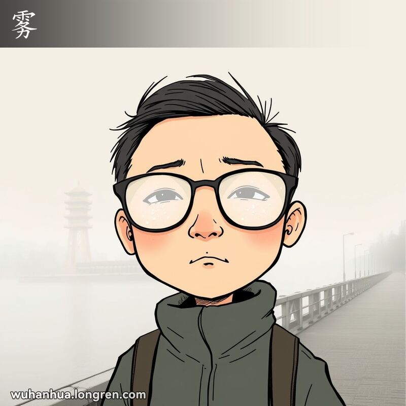 一个戴眼镜的人站在武汉长江大桥上，眼镜被雾气弄模糊了，背景是黄鹤楼和雾气弥漫的城市。