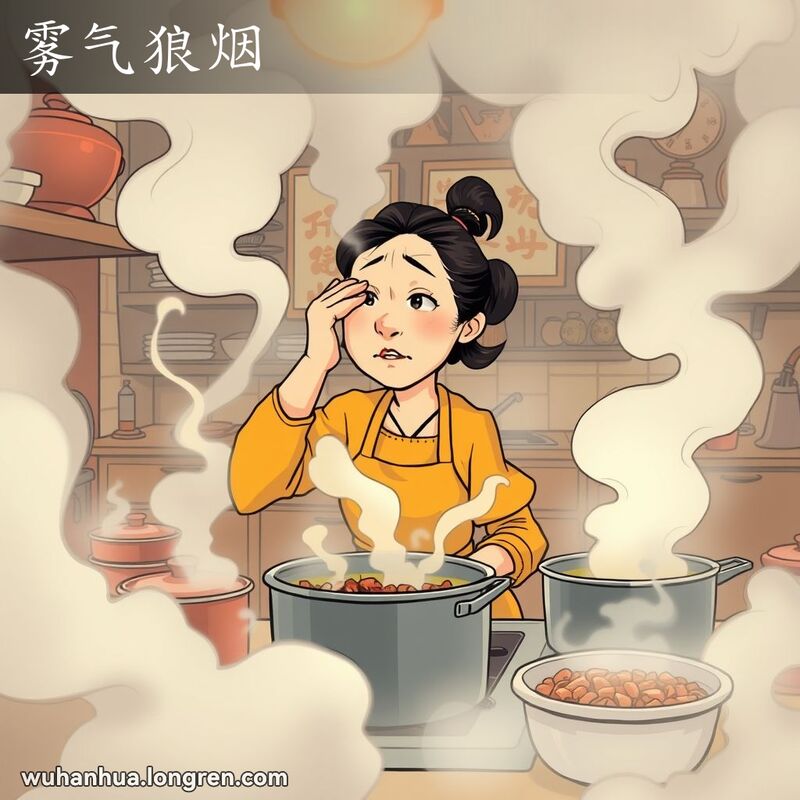 一个忙碌的厨房，烟雾弥漫，妇女正在烹饪，背景是武汉家庭厨房。