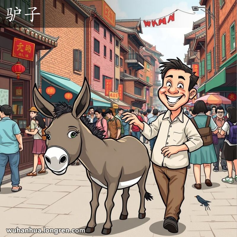 一位武汉市民牵着一头小驴子走在热闹的街市中，驴子耳朵长、胸部窄、毛色灰褐、尾端有毛。