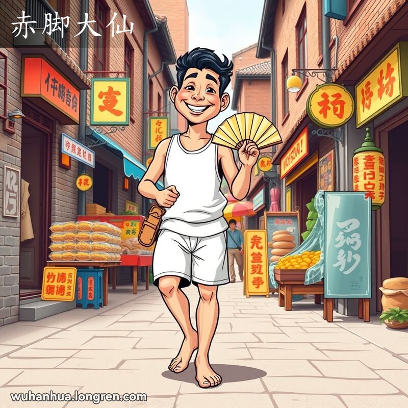 一位穿着传统服饰的武汉男子赤脚走在老街上，手拿拖鞋和扇子，脸带顽皮笑容，背景是武汉老街景