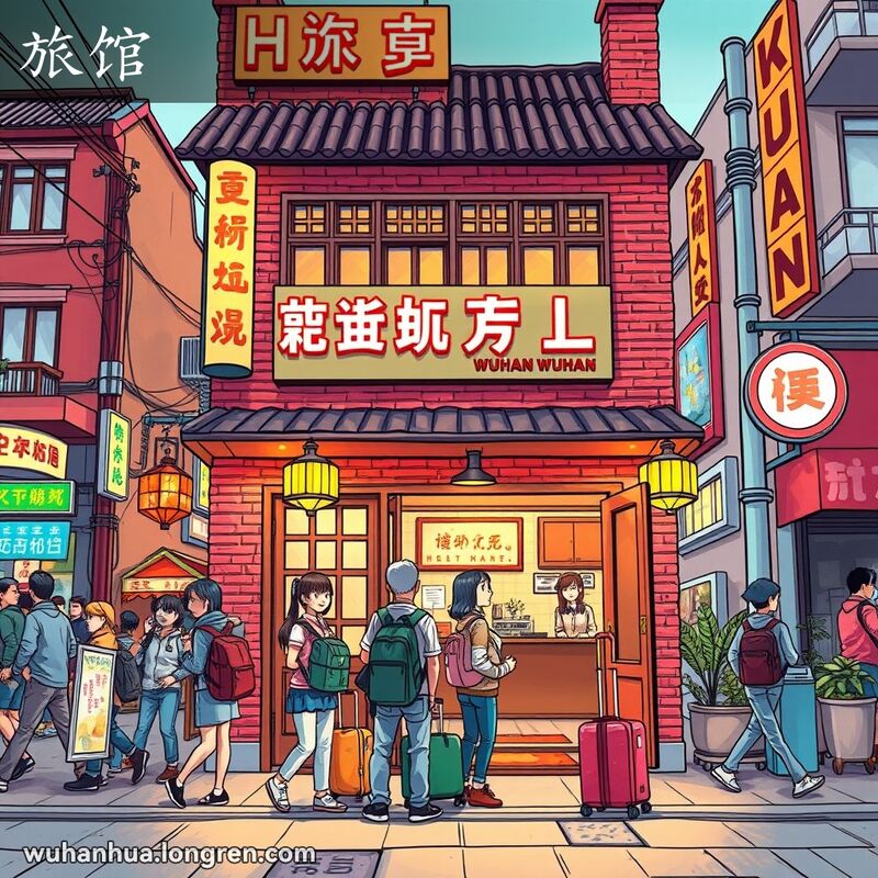 一条繁忙的武汉街道，几位旅客站在一家传统旅馆门口，背景有霓虹灯招牌和小摊贩。