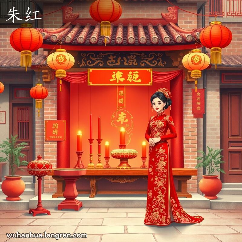 新娘穿着鲜艳的红色旗袍站在装饰华丽的祭坛前，背景是武汉老街景