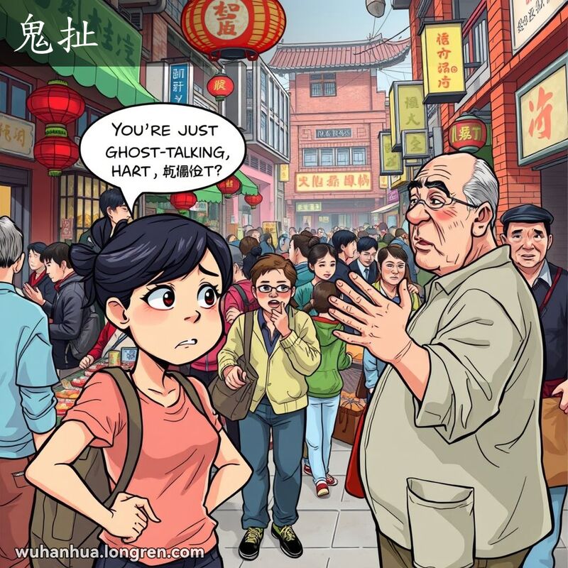 一位年轻女子在武汉街市上与摊贩争论，表情恼怒，背景是热闹的市场场景
