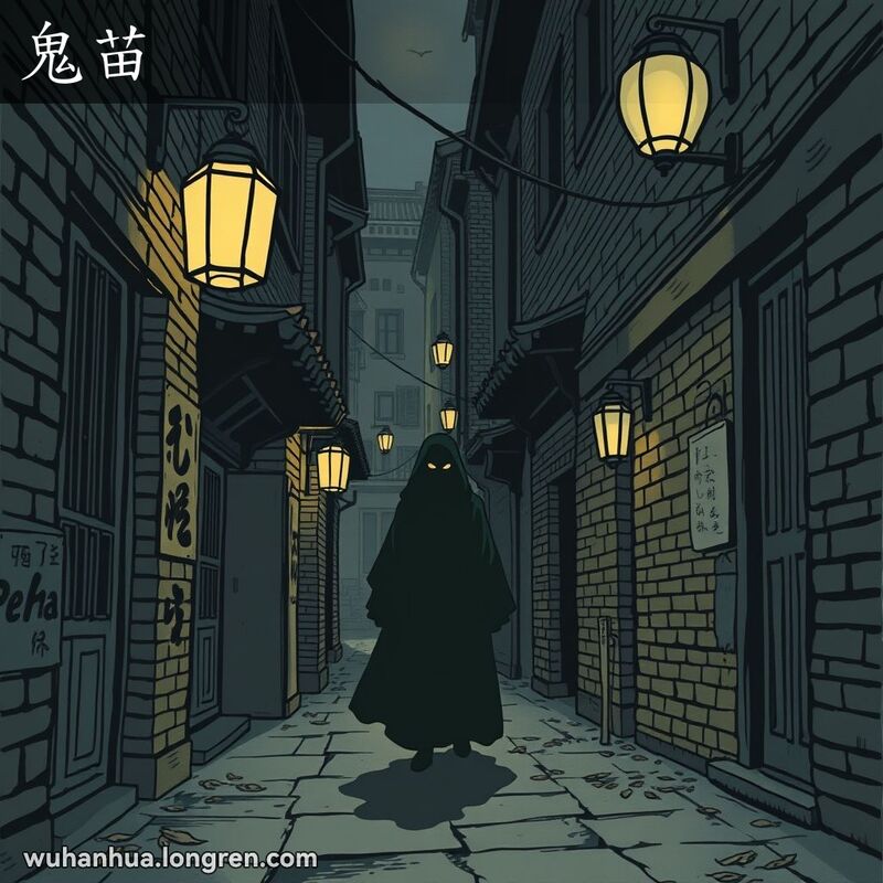 武汉老街巷子里，一个神秘的人影躲在角落，象征着‘鬼苗’的意象。