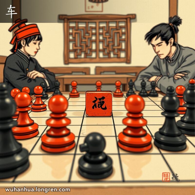 传统中国象棋棋盘上的“车”棋子，周围是其他棋子，背景有两位专注的棋手。