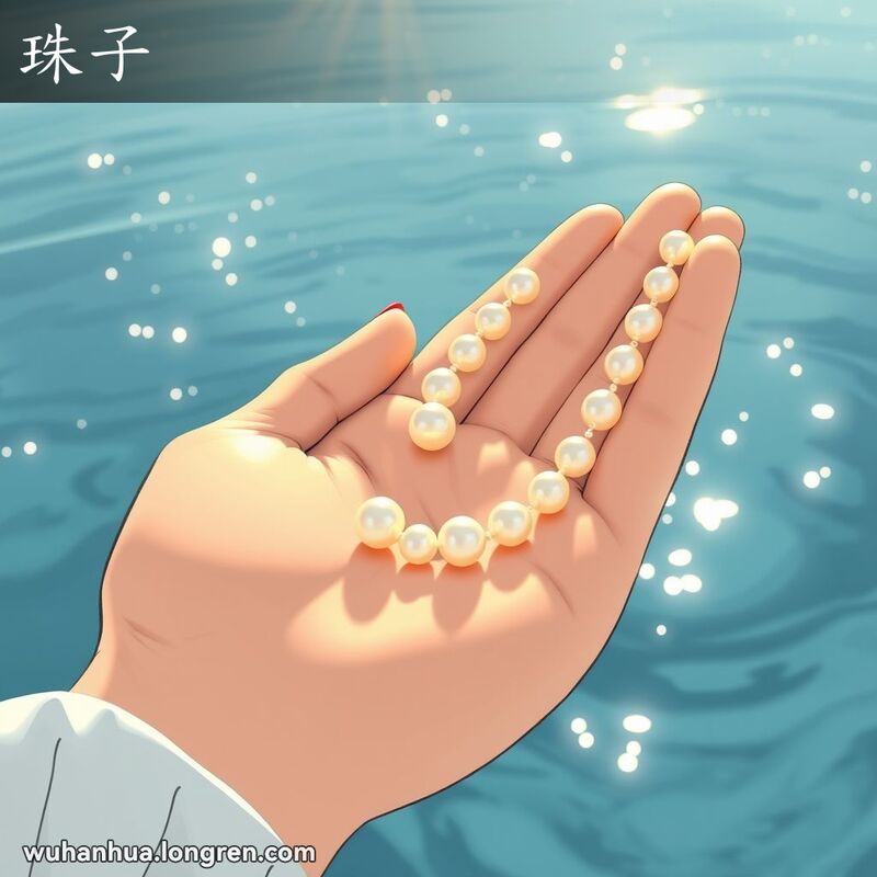 女性手持珍珠项链特写，背景是宁静的湖泊和闪烁的水珠