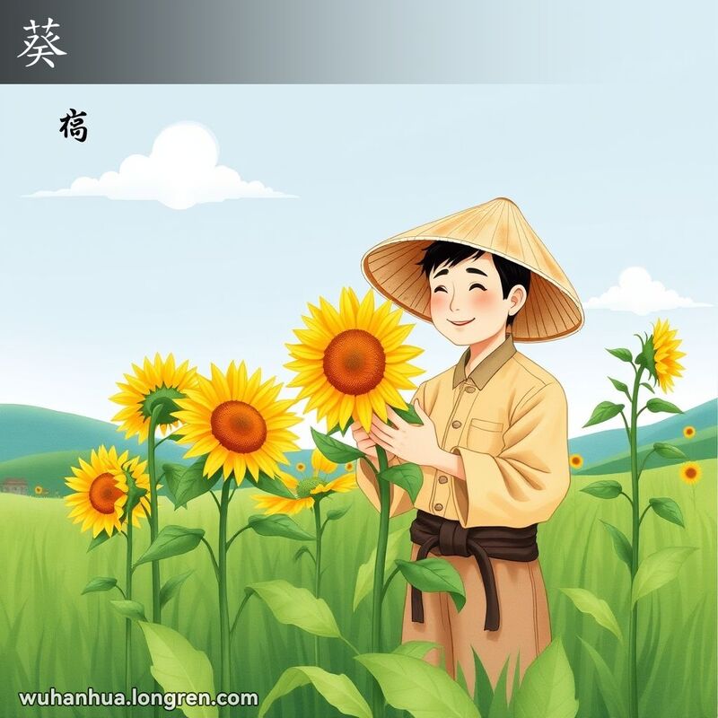 一位中国农民站在向日葵田中，手捧向日葵，背景是蓝天和远处的山丘