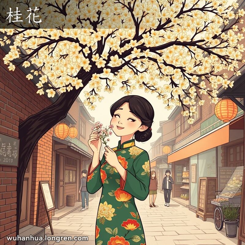 一位年轻女子在武汉老街的桂花树下，手持桂花枝，嗅着花香，背景是热闹的市场。