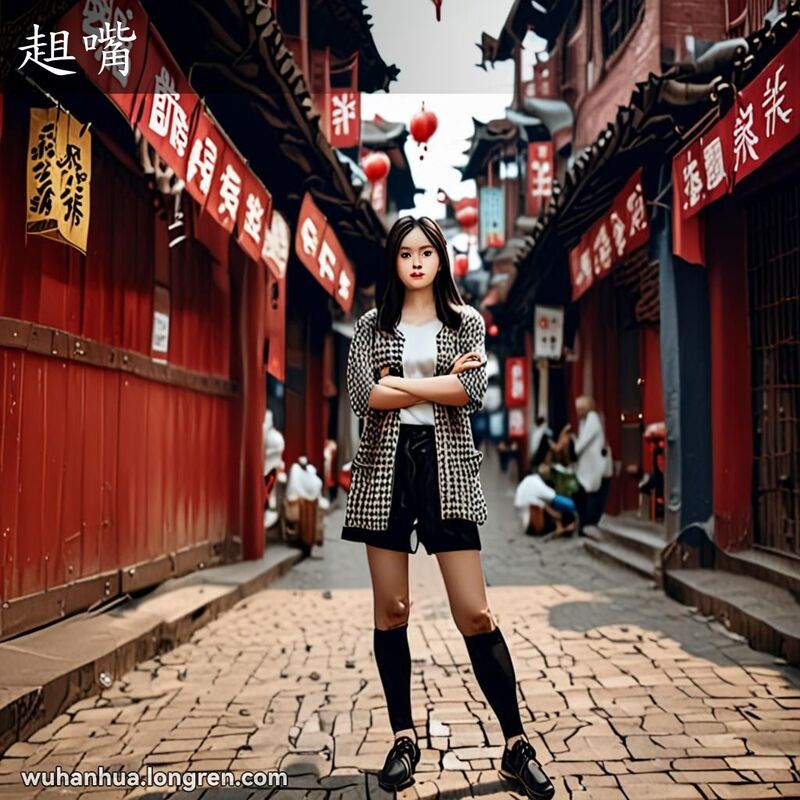 一位年轻的武汉女子站在巷子里，噘着嘴表示不悦，背景是武汉老街景