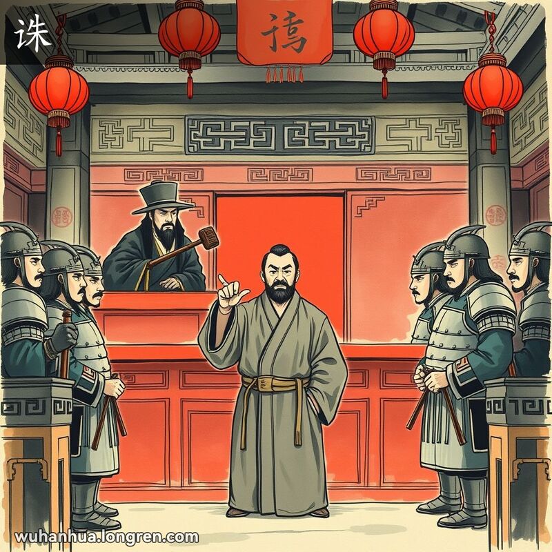 一个传统中国法庭场景，法官严肃地指着被告，背景有古代建筑和红色灯笼