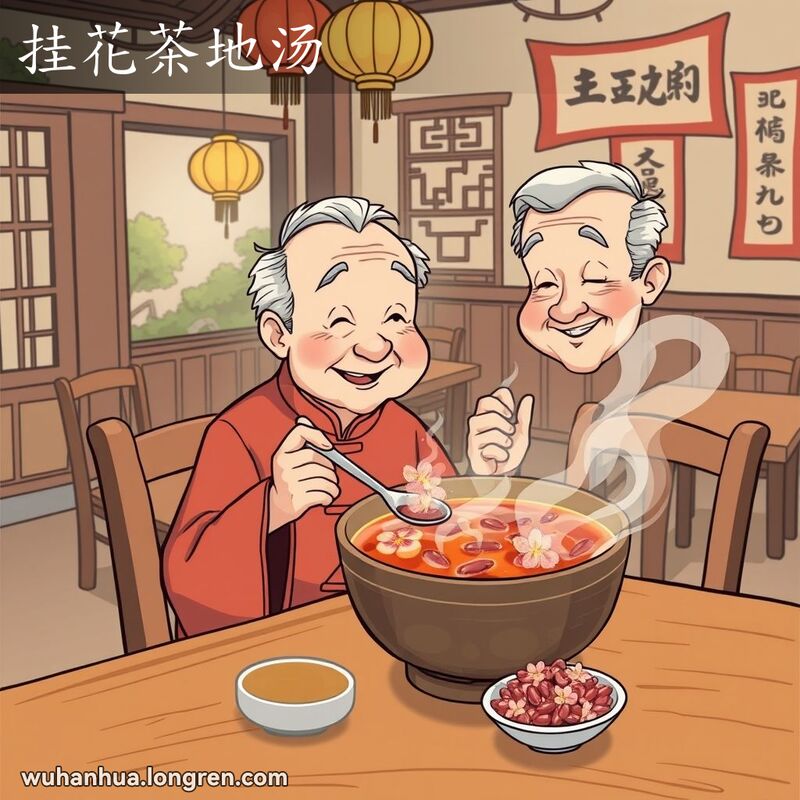 一位武汉老人在茶馆里品尝桂花赤豆粥，背景是传统中国装饰