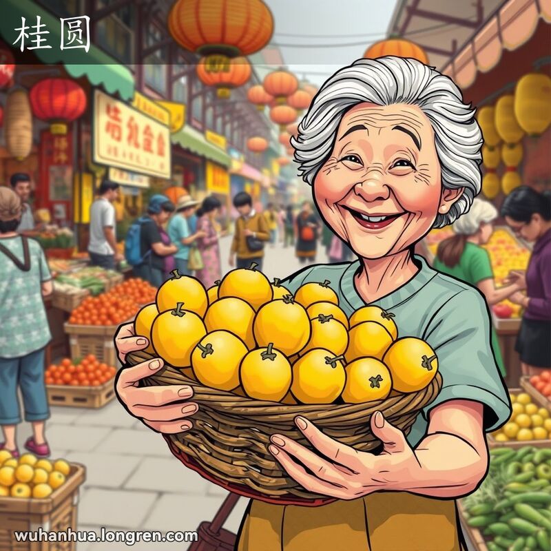武汉传统市场中，一位老妇人手持一篮新鲜桂圆，背景是热闹的市场摊位。