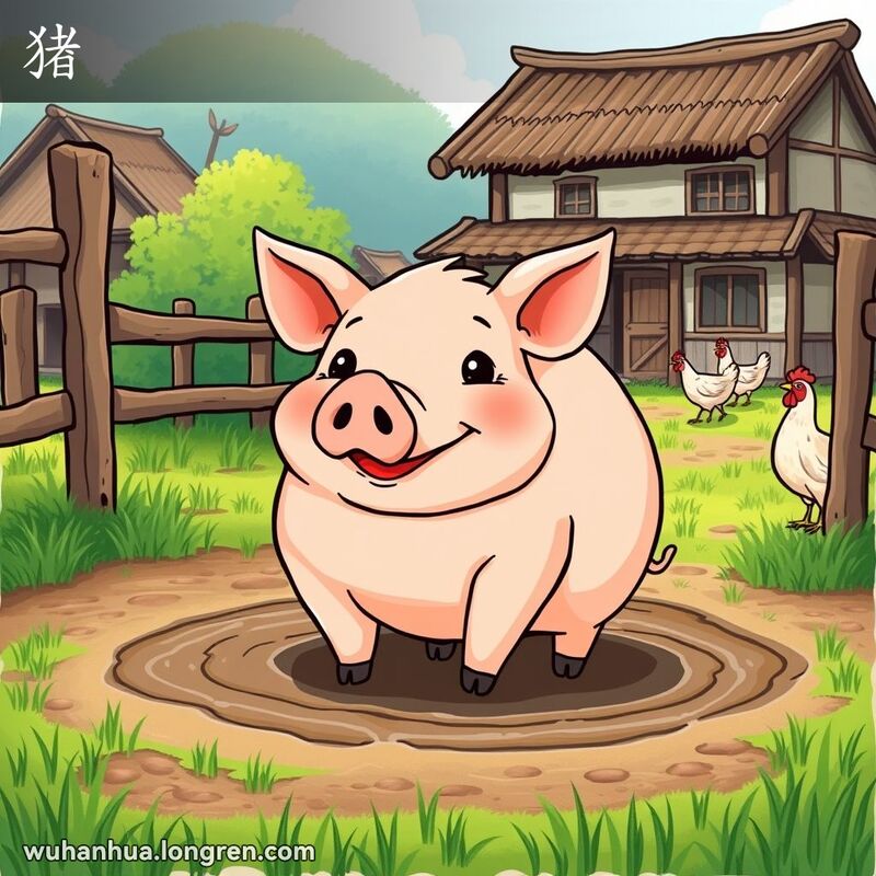 一头肥硕的猪在农场院子里泥浴，背景是传统的中国农舍和绿草地