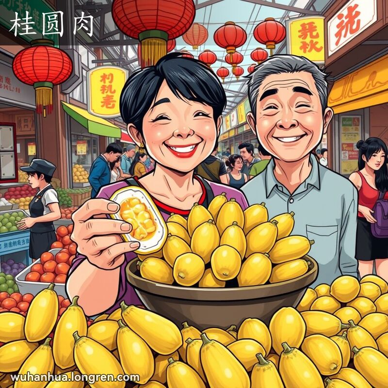 武汉街头水果摊，一位市民手持剥好的桂圆，展示其多汁果肉，背景是热闹的市场