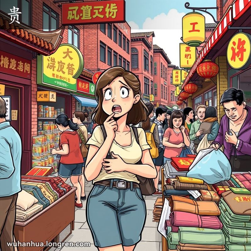 一位女子在武汉市场的摊位前，看着价格标签露出惊讶和失望的表情，背景是繁忙的市场和其他顾客。