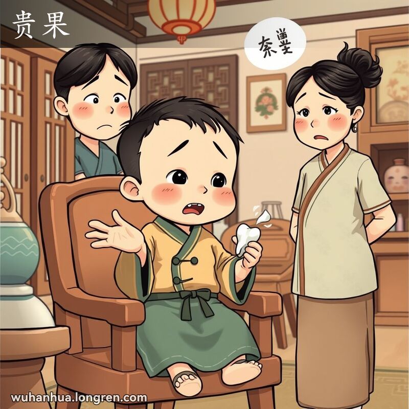 一个孩子坐在椅子上，手里拿着一颗牙齿，父母在一旁担忧地看着，背景是温馨的中式家庭环境