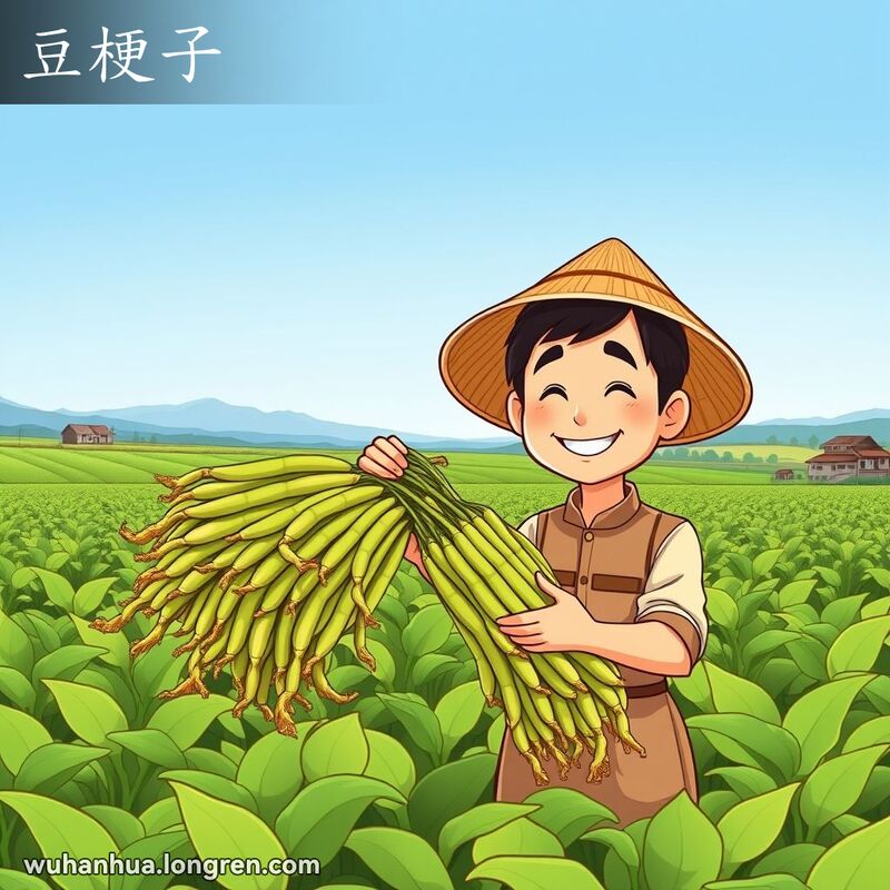 农民在豆田中手持豆秸，背景是宁静的乡村风光