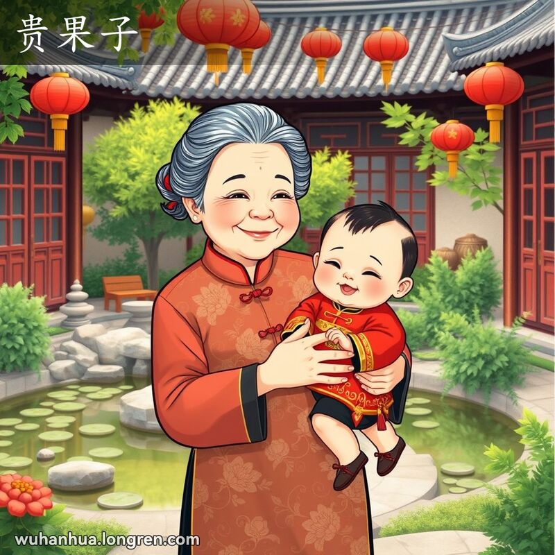 一位穿旗袍的奶奶在庭院中抱着一个穿红色金绣衣服的胖嘟嘟的小男孩，背景有传统灯笼和装饰
