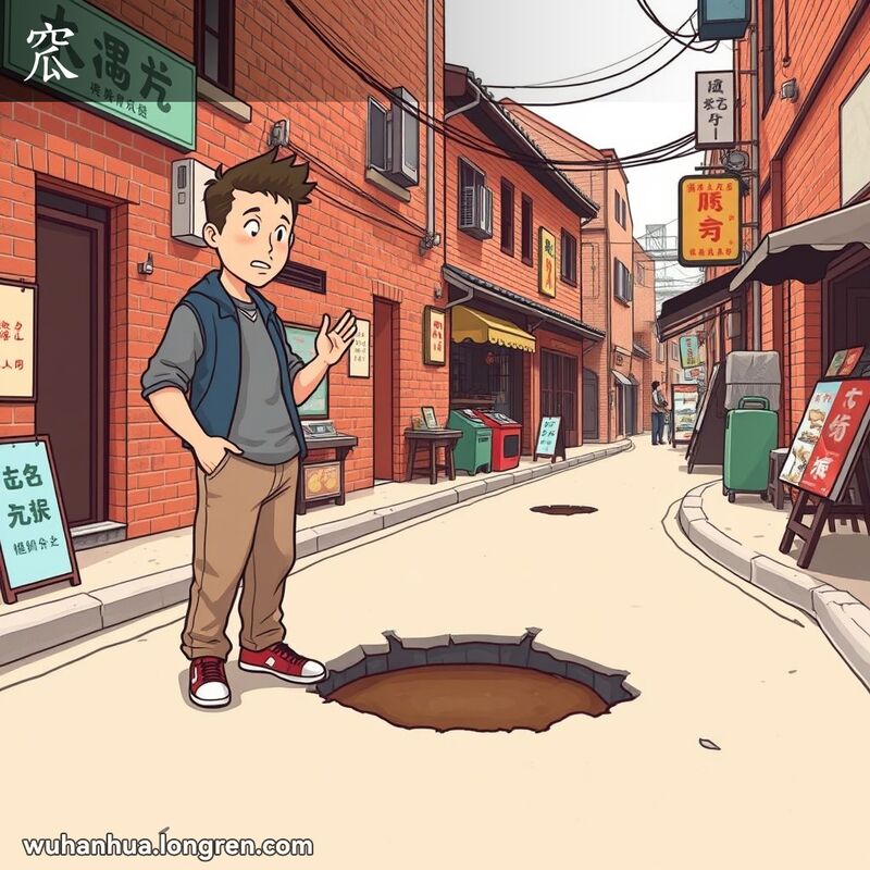 一位武汉市民站在老街上，注视着路面上的凹陷，背景是武汉老街景