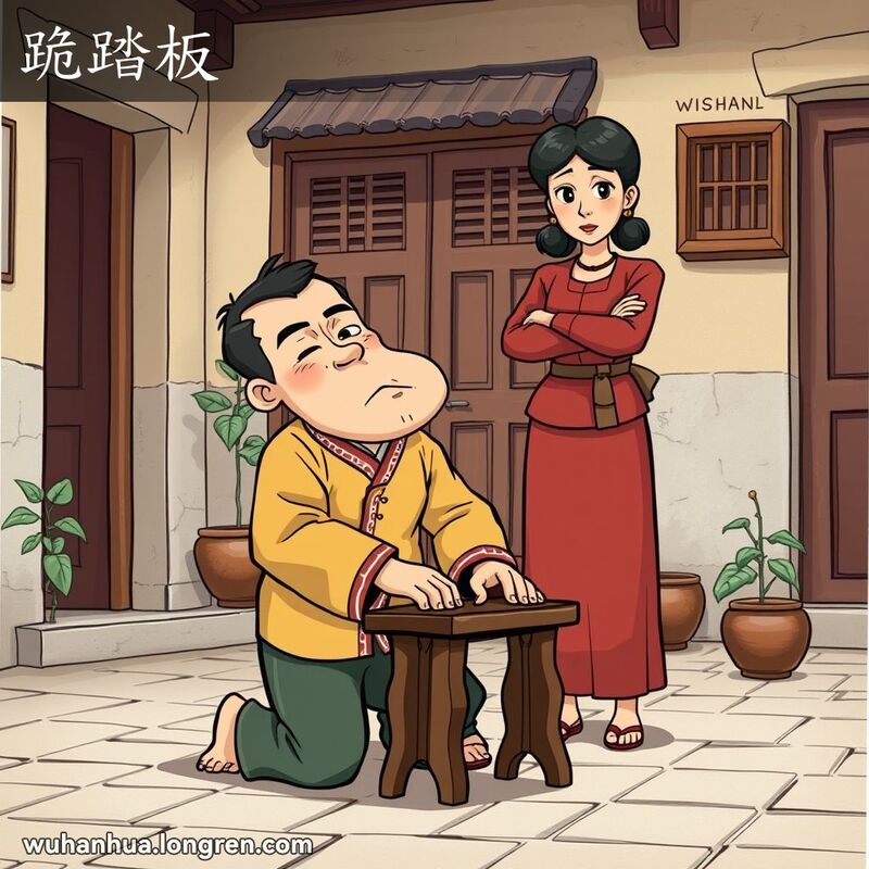 一位武汉男子跪在小木凳上，背后站着一位严肃的女子，背景是武汉老院子